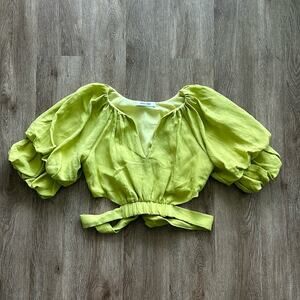 DO+BE Puff Sleeve Tie Back Crop Top Small Notched V Neck Green Romantic Blouse